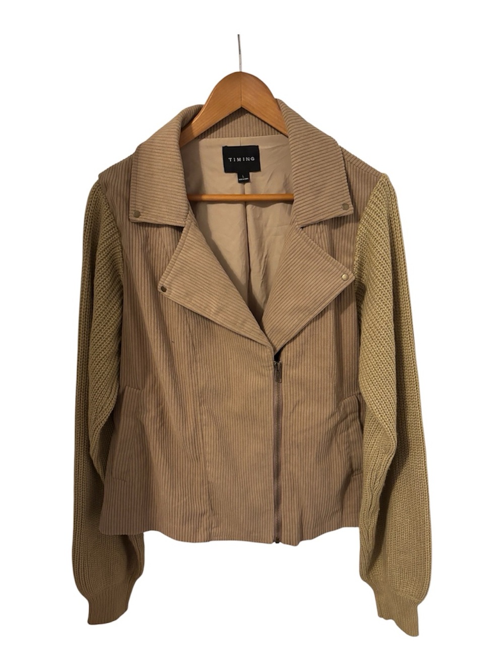 Women’s Timing Boutique Knit & Corduroy Khaki Zip Up Jacket Size Large
